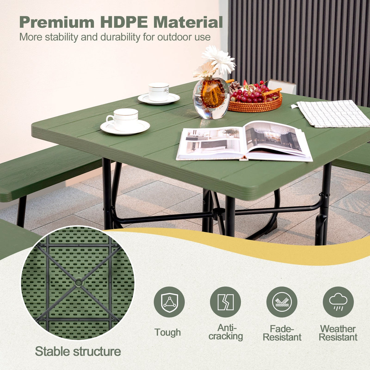Outdoor Picnic Table 8-Person, Square HDPE Table with 4 Built-in Benches, Umbrella Hole, Metal Frame — image 17