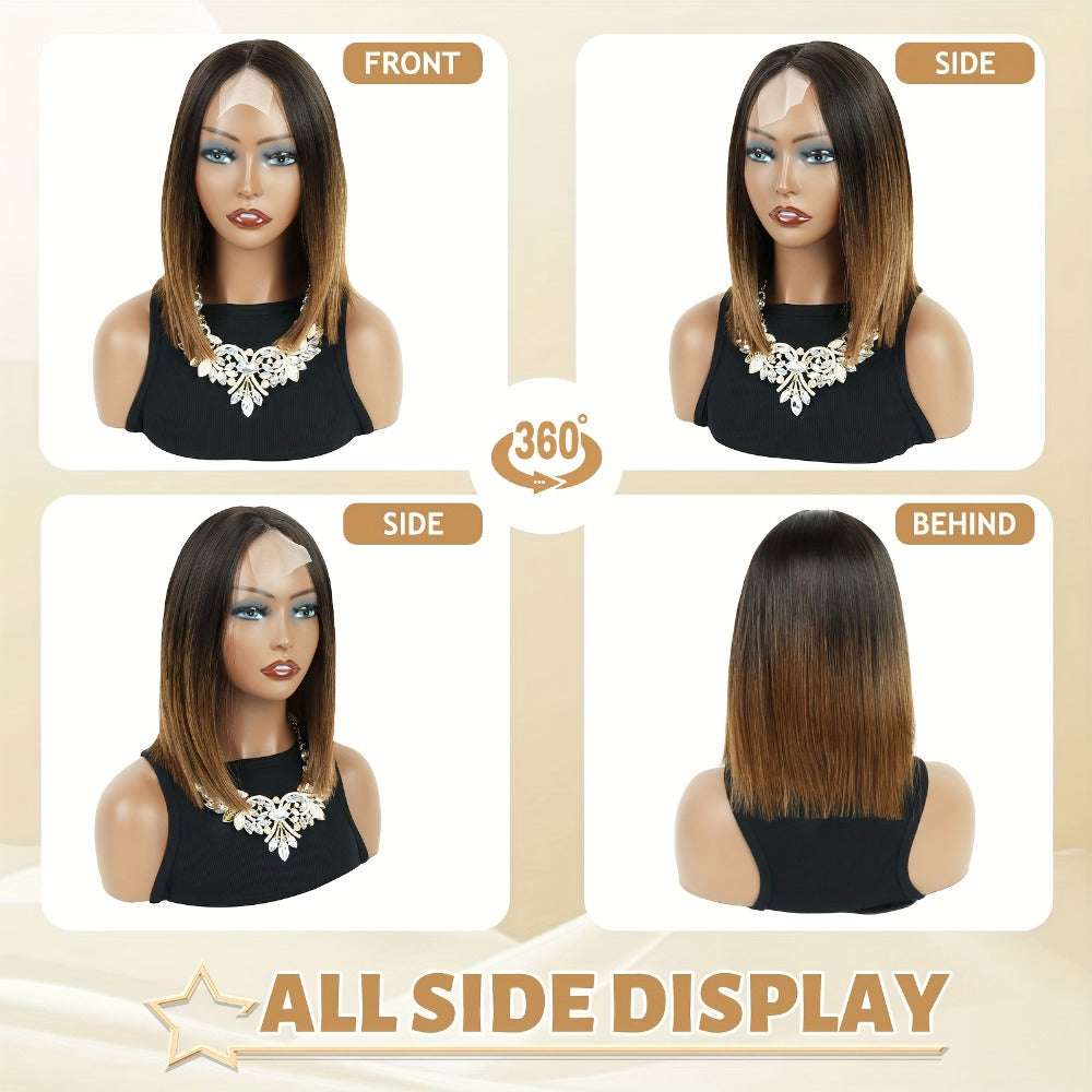 Synthetic Wig 13x2 U-Part Lace Front Straight Bob, 12-Inch Ombre Black-Brown for Daily Styling — image 9