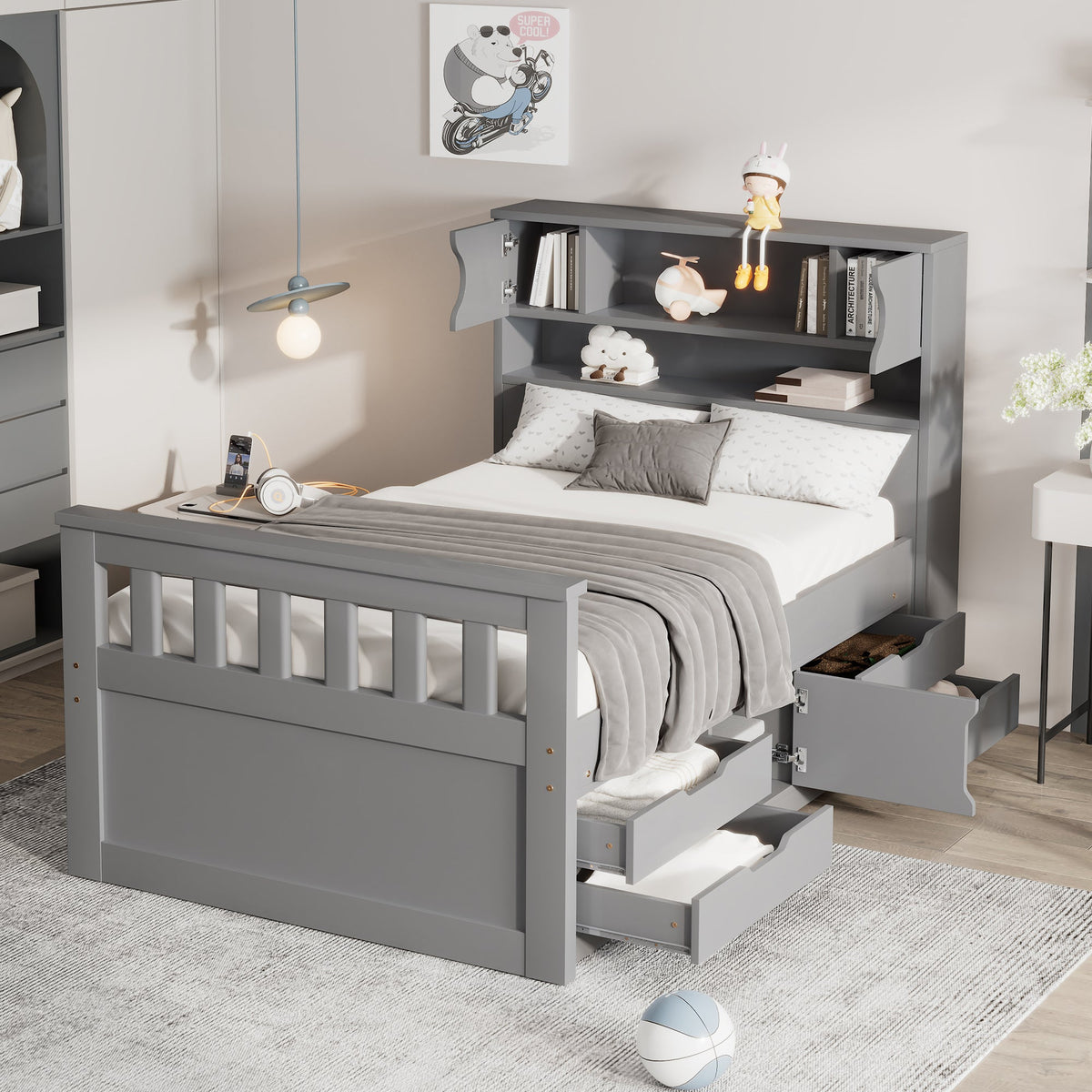 Twin Size Captain Platform Bed Frame with Storage Bookcases and Shelves,Four Drawers, Gray - V.I.P Digital Presence