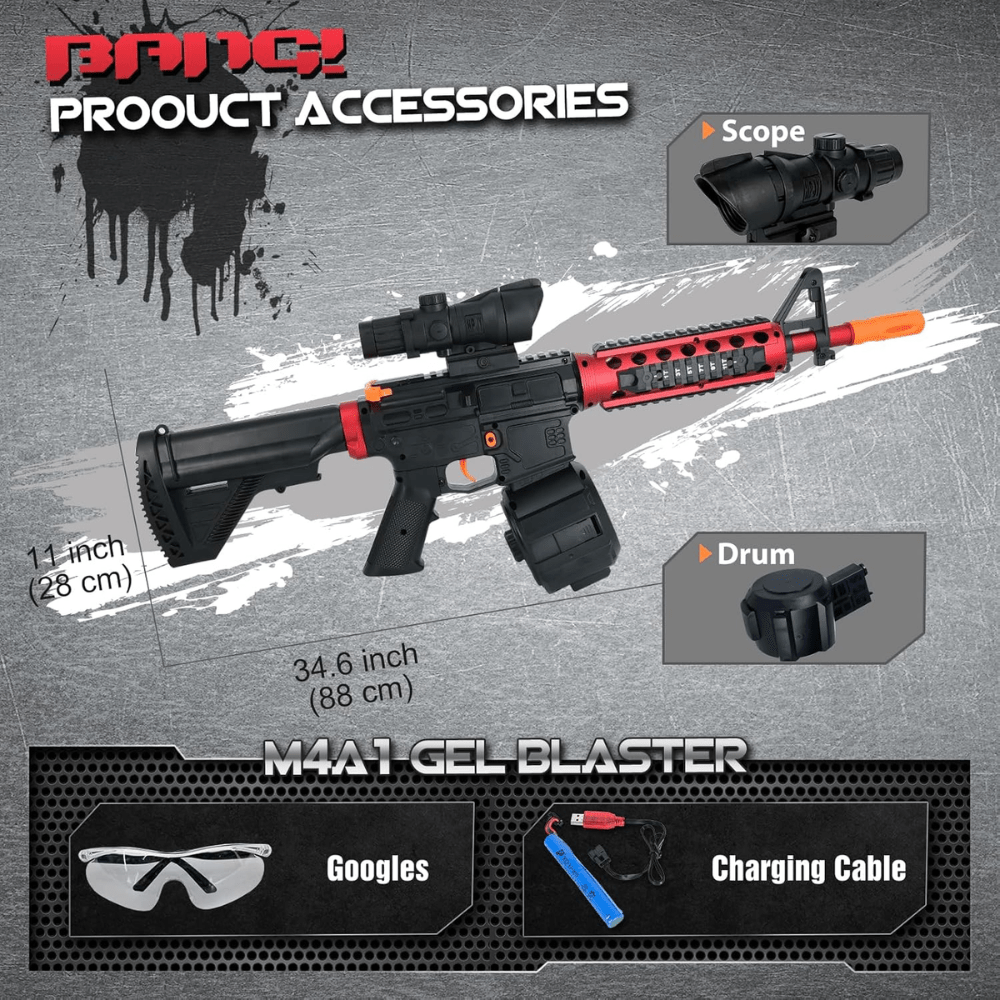 Red-and-Black M416-Style Electric Gel Blaster Set with Scope, Drum, Magazine, Goggles and Charging Cable — image 4