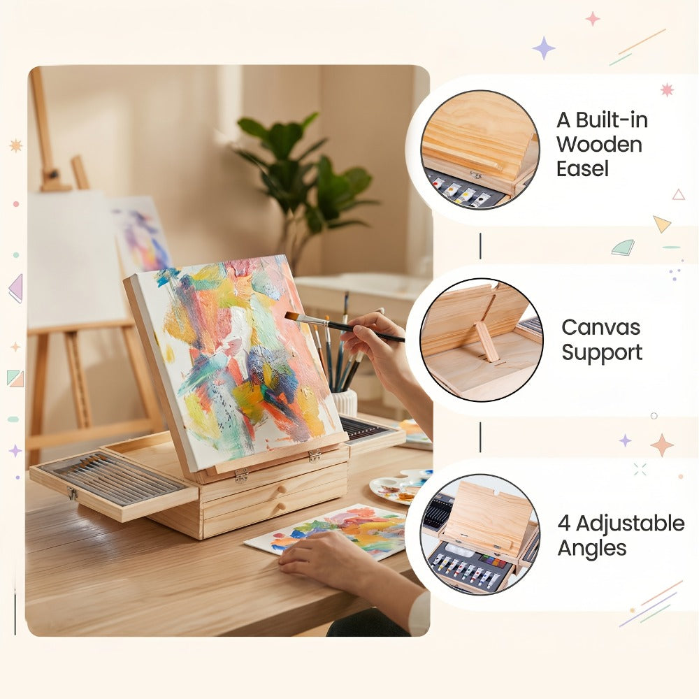 85-Piece Mixed-Media Art Set with Wooden Tabletop Easel, Paints, Pencils, Brushes and Paper Pads — image 6