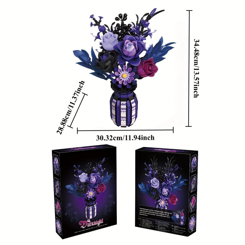 1218-Piece Gothic Flower Bouquet Building Block Model with Mixed-Color Blooms and Brick-Built Vase — image 3