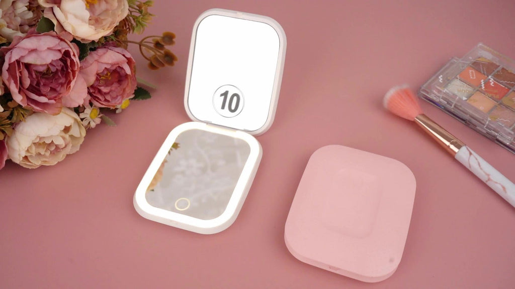 Rechargeable Pink or White LED Compact Mirror with 1X and 10X Views, Three Light Modes and Touch Dimming — image 13