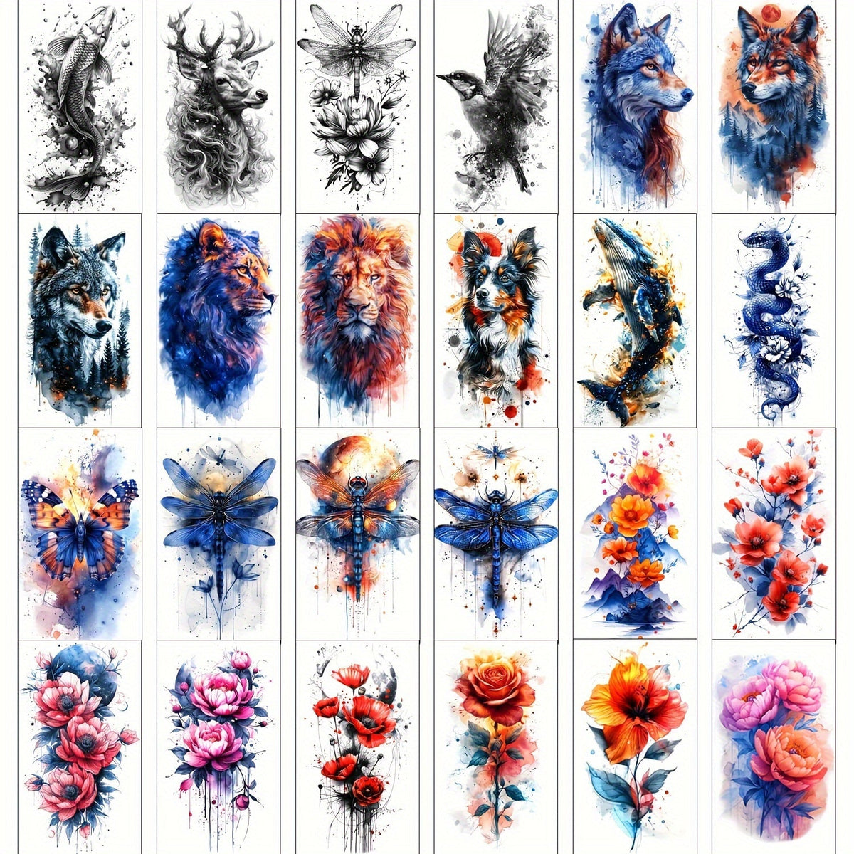 24-Sheet Watercolor Temporary Tattoo Set with Floral, Animal and Abstract Designs in 21 x 12 cm Format — image 1