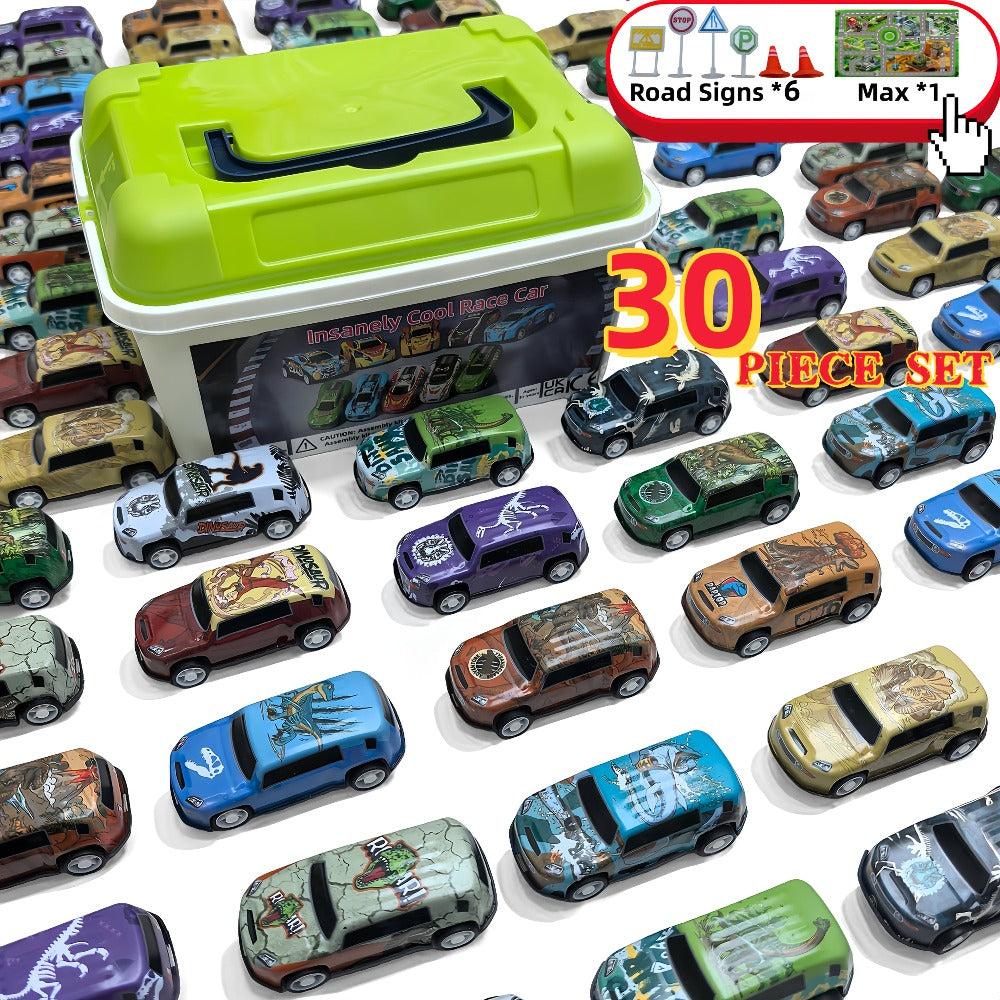 Dinosaur Toy Car Set 29-30pcs, Mini Pull Back Racing Cars with T-Rex Spinosaurus Pterodactyl Figures & City Traffic Map — ima