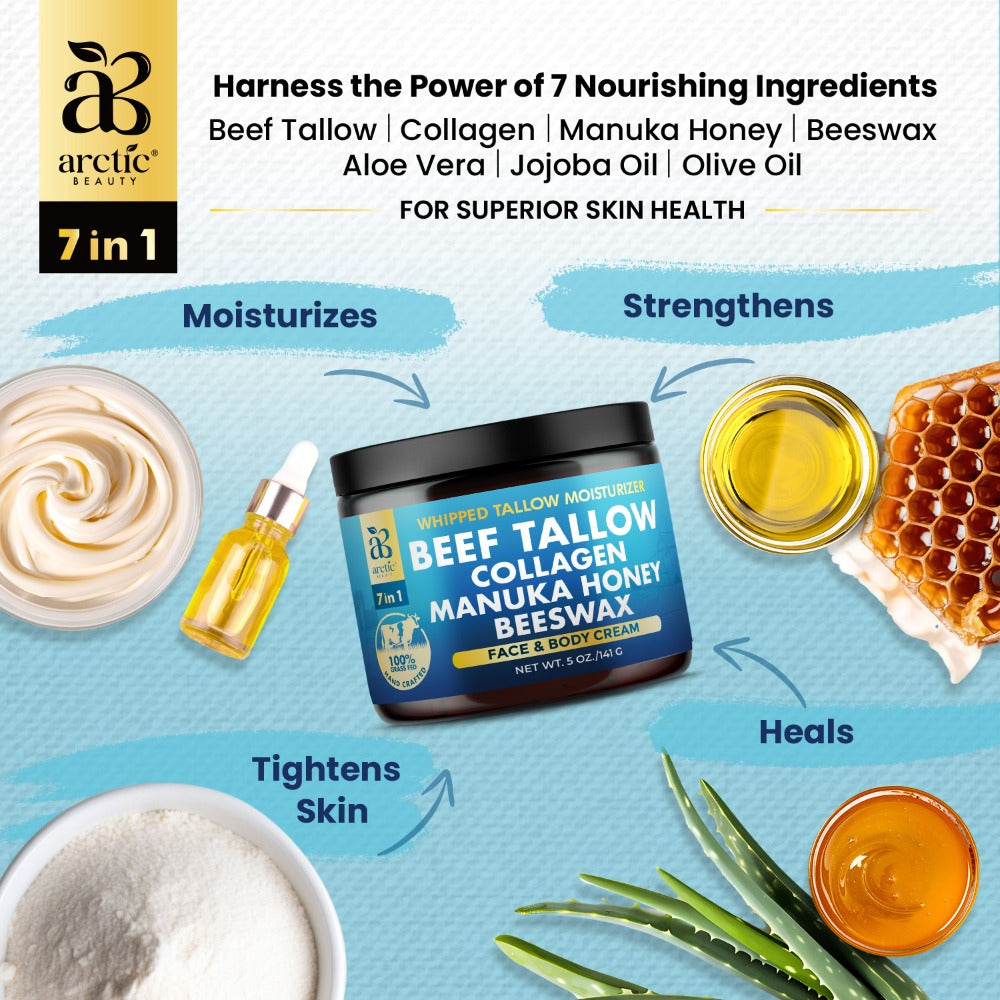 Whipped Beef Tallow Moisturizer – Organic Grass-Fed Face & Body Cream with Manuka Honey, Jojoba Oil, Collagen & Aloe Vera — i