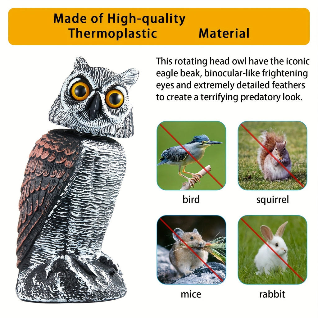 Rotating Head Fake Owl Decoy Bird Deterrent, Battery Powered Plastic Scarecrow Repellent for Garden Yard Patio — image 4