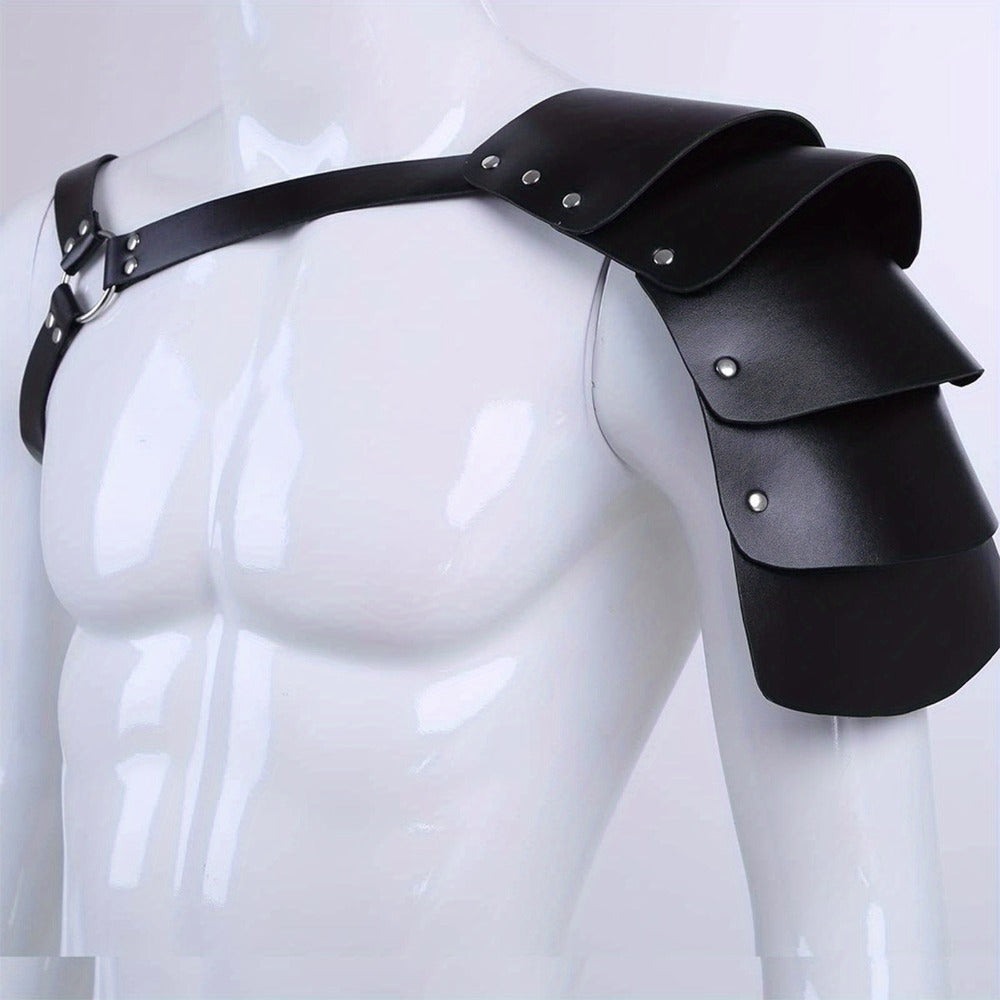 PU Leather Shoulder Armor Warrior Costume Prop with Belt for Men, Single Pauldron Medieval Knight Armor Dress Up Accessory fo