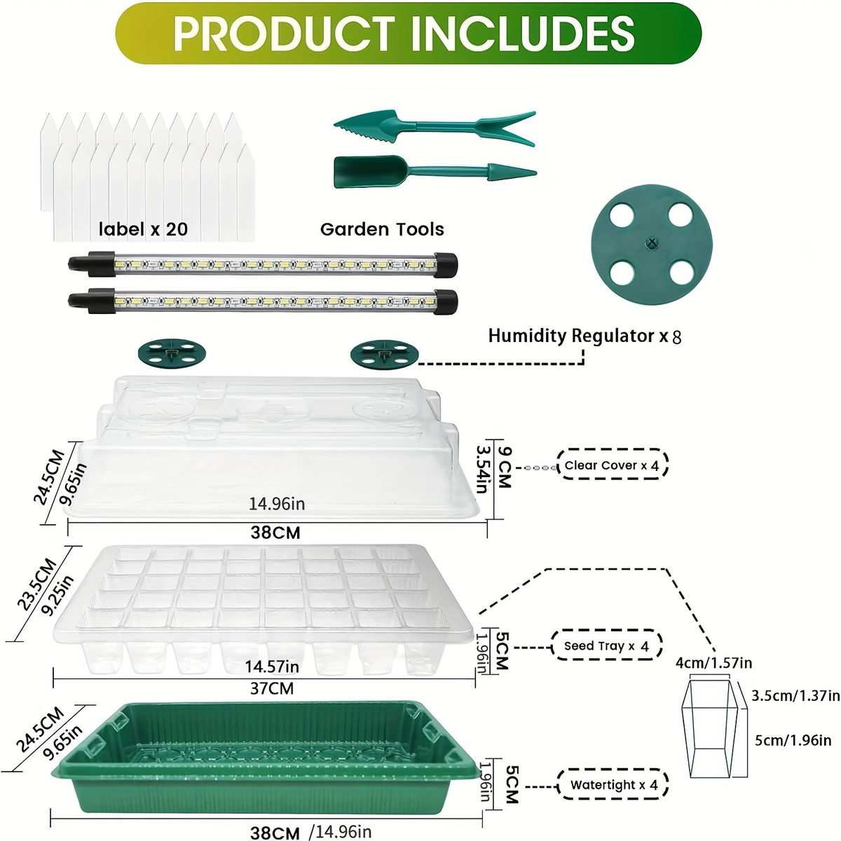 Seed Starting Tray Kit 4-Set 160 Cells High Dome | 8 LED Grow Lights Smart Timer 3 Modes 5 Brightness | Indoor Greenhouse Ger