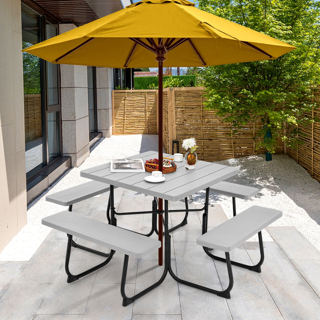 Outdoor Picnic Table 8-Person, Square HDPE Table with 4 Built-in Benches, Umbrella Hole, Metal Frame — image 13