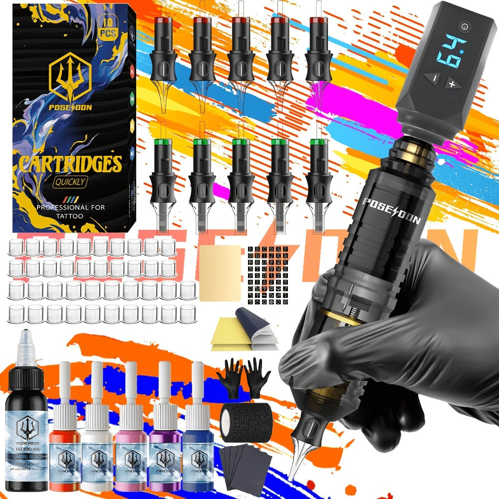 Wireless Tattoo Pen Kit Cordless Tattoo Gun with Power Supply 10 Cartridge Needles 6 Color Inks LCD Screen — image 1