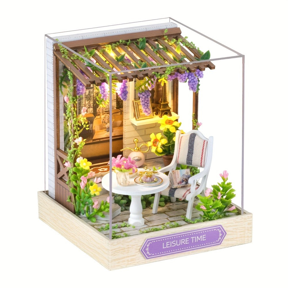 DIY Wooden Tiny House Kit with Dust Cover, Handmade Miniature Dollhouse Puzzle, 3 Themes Afternoon Tea Rotating Food House Mo