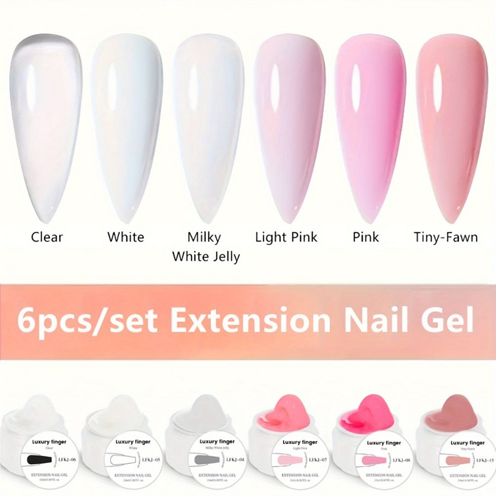 Six-Color Builder Gel Set, 15ml Each in Clear, White, Milky Jelly, Light Pink, Pink and Nude for Nail Extensions — image 5