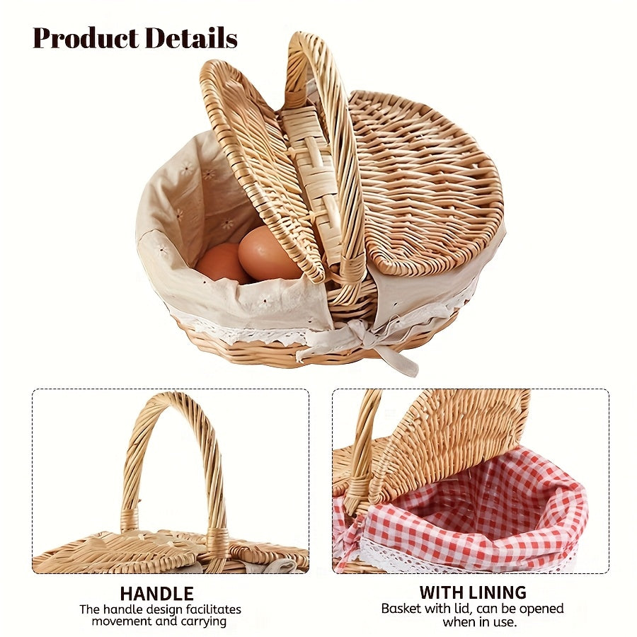 Covered Wicker Picnic Hamper with Twin Lid Panels in Red Plaid or Daisy Pattern Textile Styles — image 9