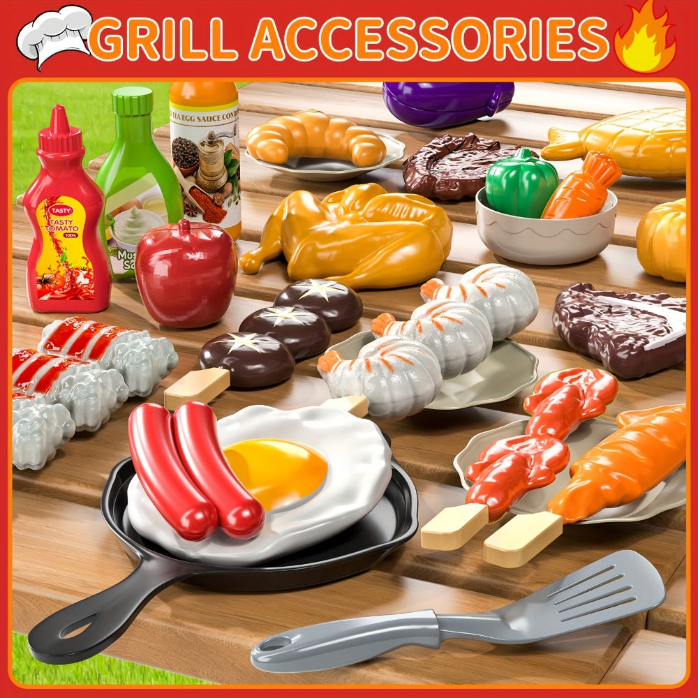 Kids BBQ Grill Playset Two-Tier for Grilling, Camping and Outdoor Meals with Toy Food Meats Fruits Spices & Working Water Tap