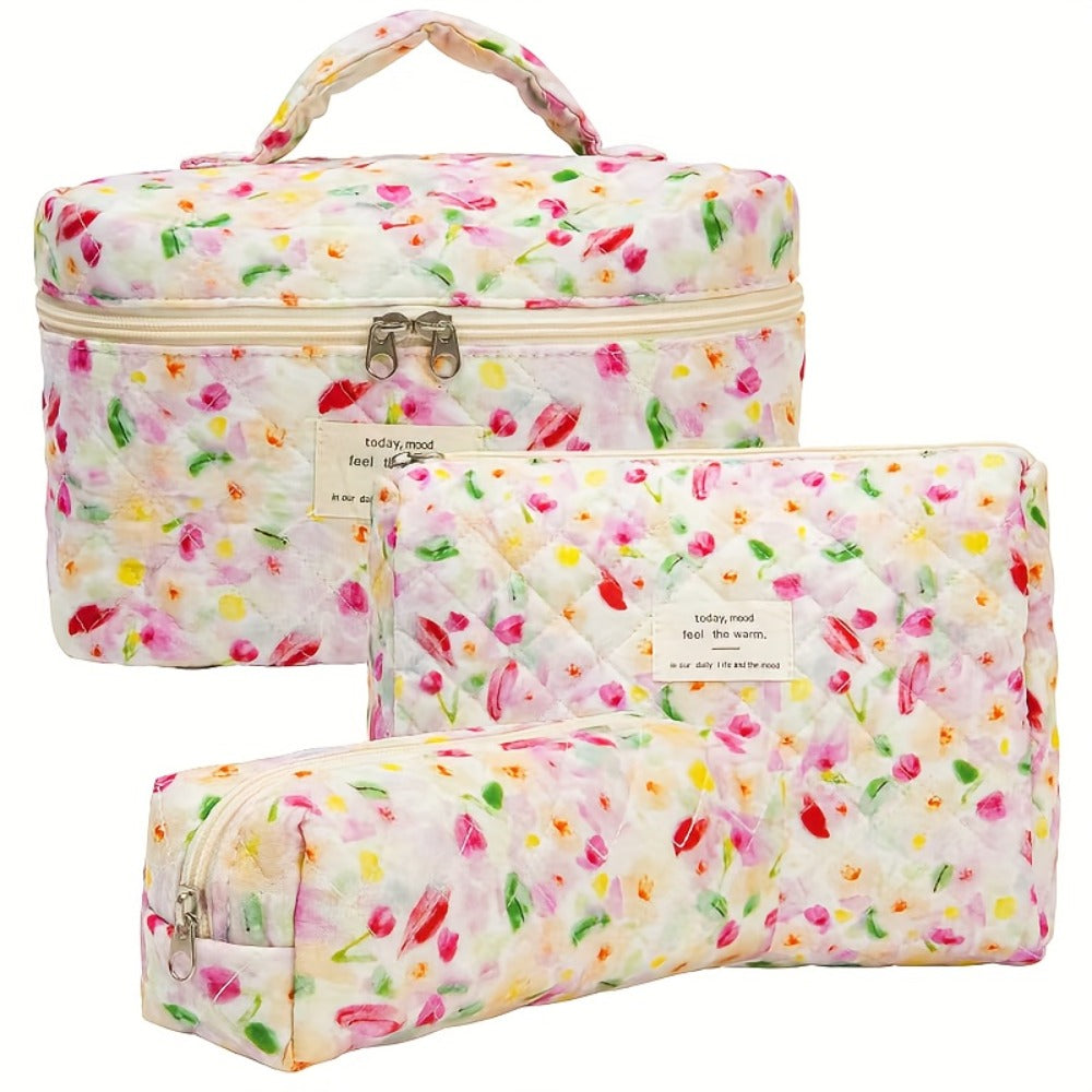 Quilted Makeup Bag Set 3 Pcs Floral Pattern Large Capacity Travel Cosmetic Organizer with Gold Zipper – Polyester Skincare To