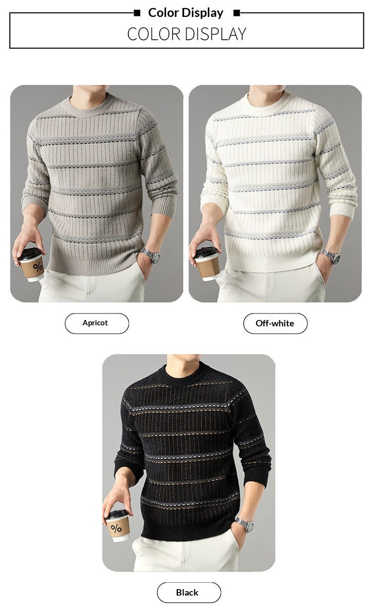 Mens Knitted Fleece-lined Thick Crew-neck Faux Mink Sweater