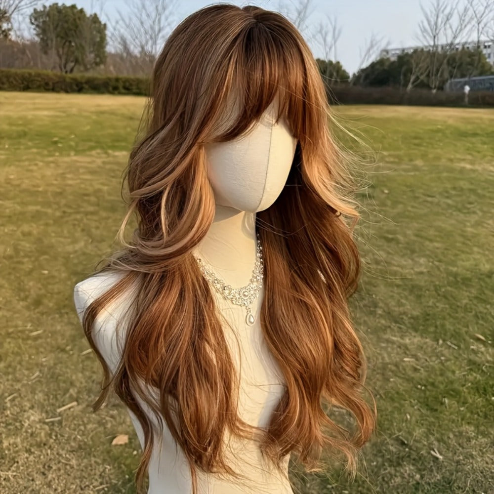 Synthetic Wig 24-Inch Light Brown Body Waves with Golden Highlights, Bangs and Rose Net Cap — image 4