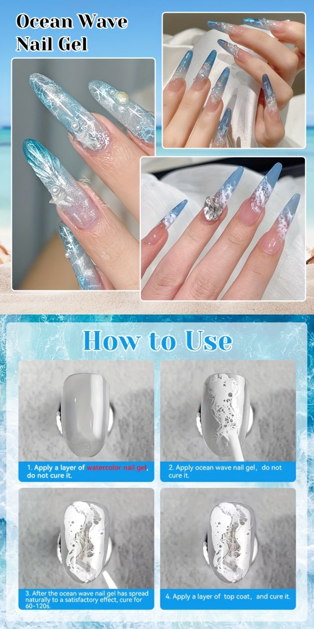 Gel Nail Polish NICOLE DIARY 2-Piece Watercolor and Ocean-Wave Set with Two 15ml Bottles for DIY Art — image 15