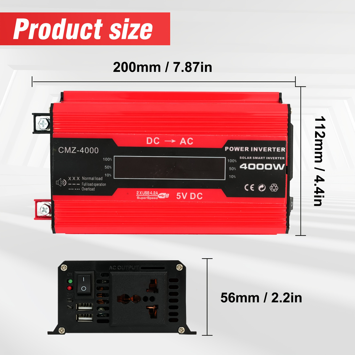 DC to AC Inverter 4000W 5500W 6500W 16000W Peak DC 12V to AC 110V High Power Car Inverter with USB Ports for Garden, Patio an
