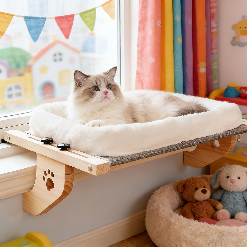 Padded Cat Windowsill Perch with 55x38cm Wood Platform, Metal Hooks, Rubber Pads and Adjustable Fit — image 1