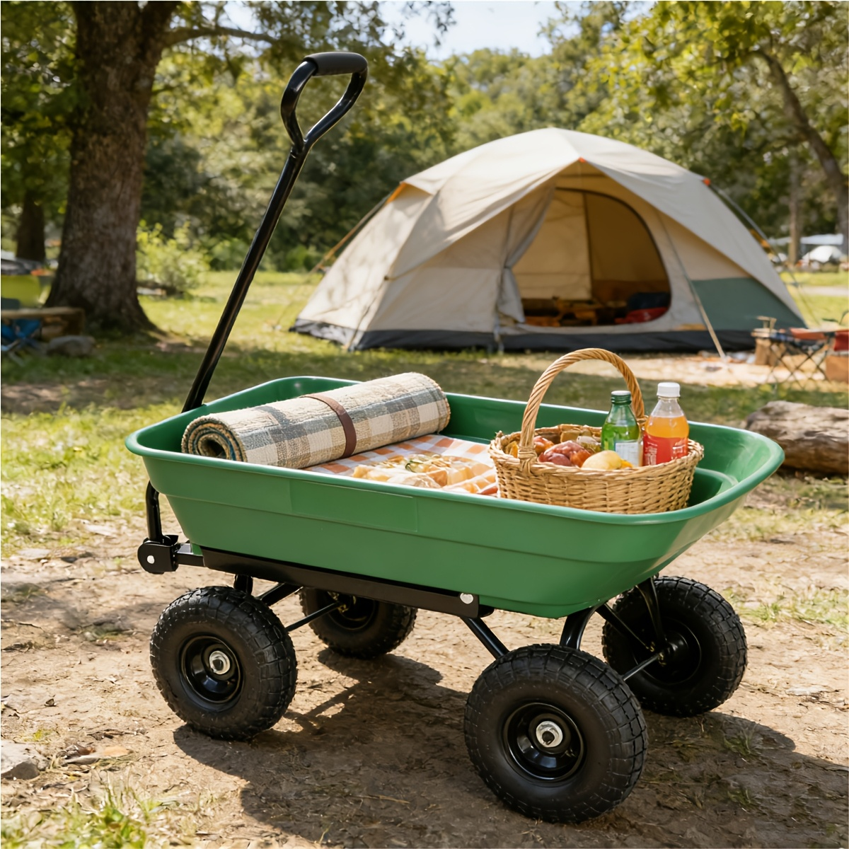 Garden Dump Cart 4-Wheel Steel Frame Poly Bed Quick-Release Dump Feature Foldable D-Handle Yard Wagon for Landscaping Lawn — 