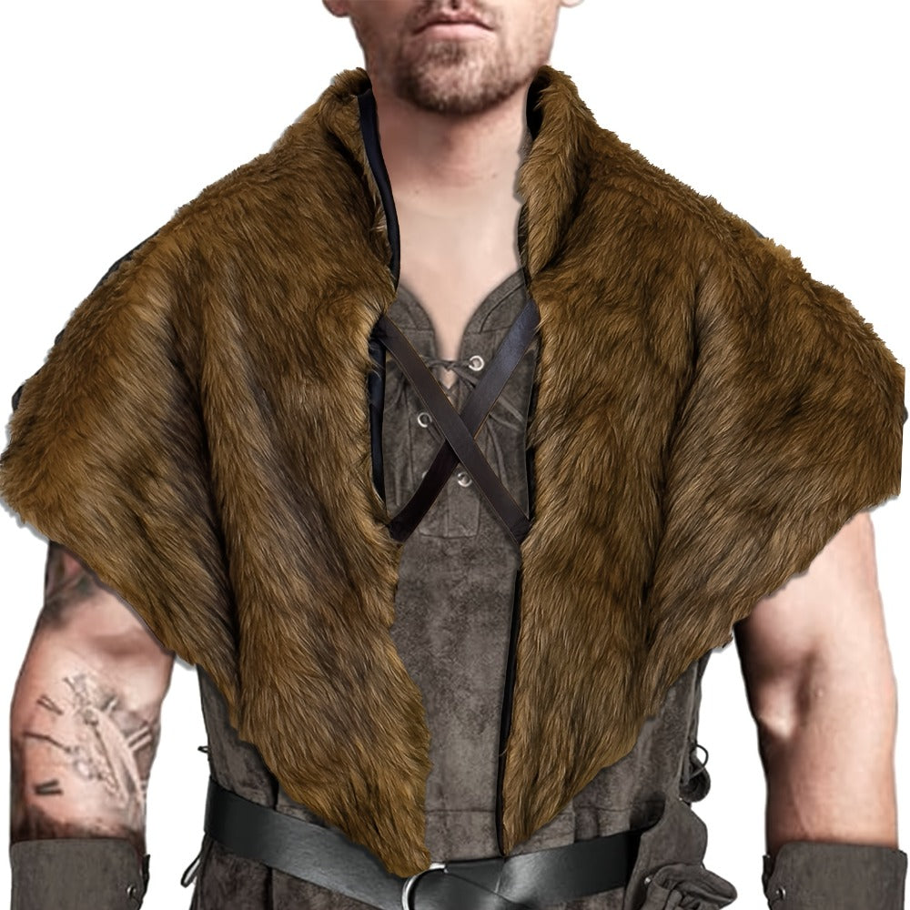 Viking Wolf Fur Cloak & Medieval Mantle with Crossed Chest Straps – Faux Fur Shoulder Wrap for Men & Women — image 1