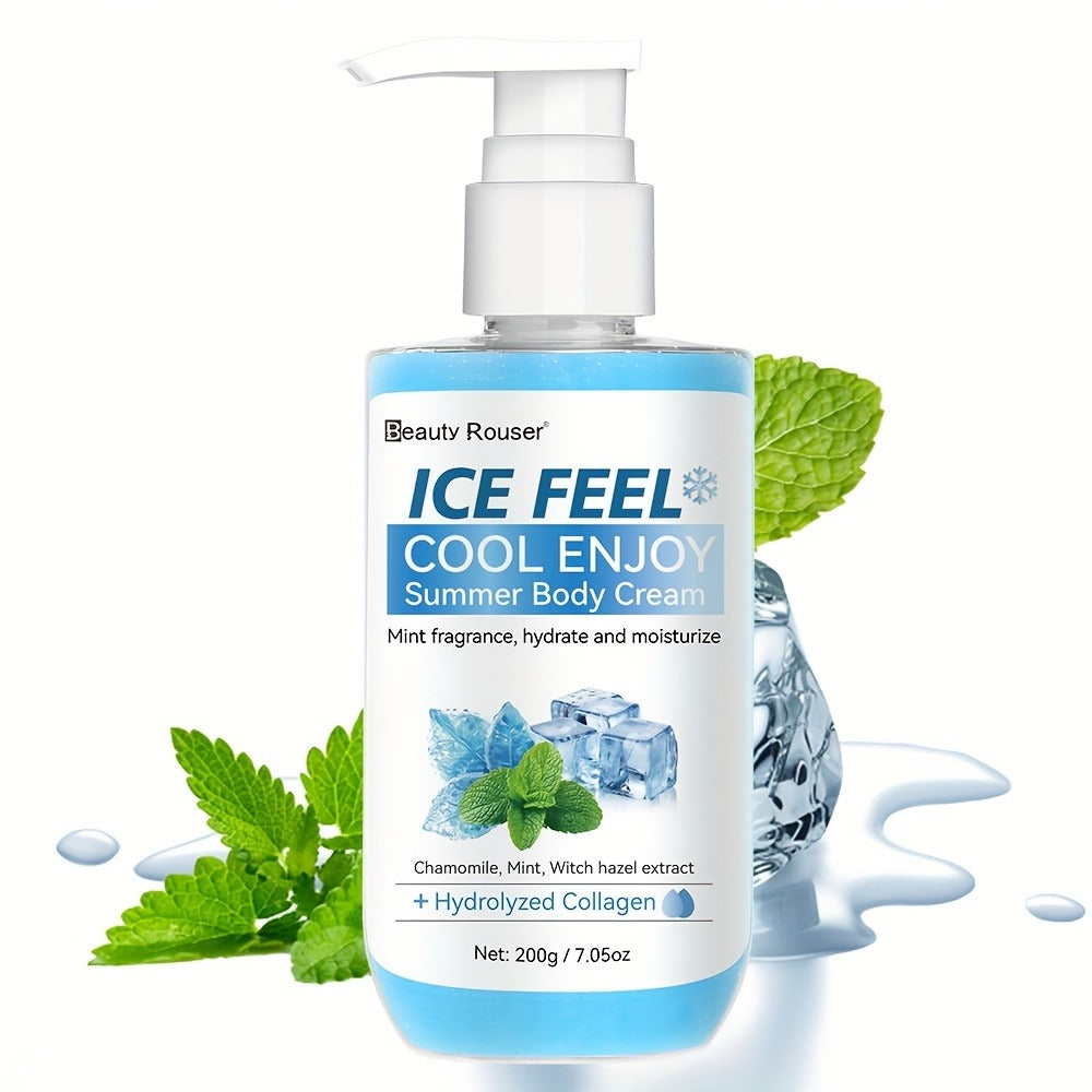 Body Cream Beauty Rouser ICE FEEL 200g Pump with Mint Chamomile Witch Hazel and Collagen Package Callouts — image 3
