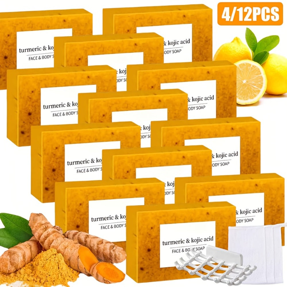 Turmeric and Kojic Acid Bar Soap, 12-Pack of 100g Bars with Lemon and Honey Labels plus Bubble Net — image 1
