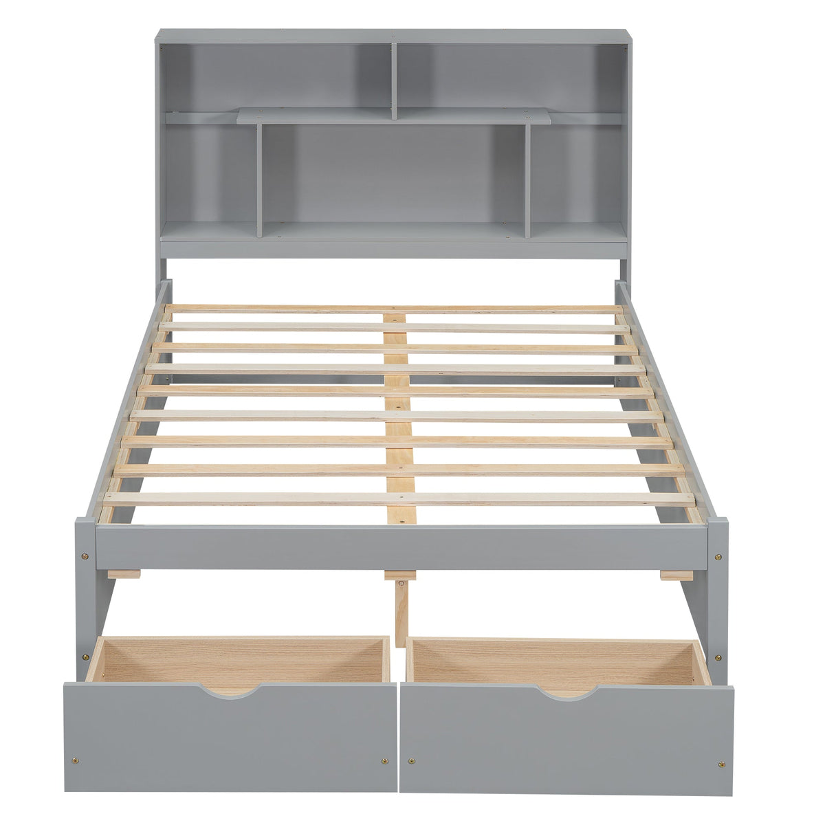 Full Size Platform Bed with Storage Headboard and 2 Drawers, Gray