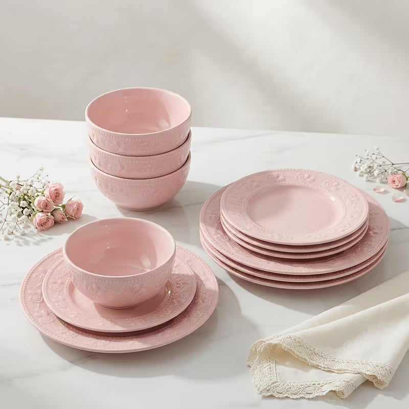 12-Piece Vintage Strawberry Relief Ceramic Dinnerware Set