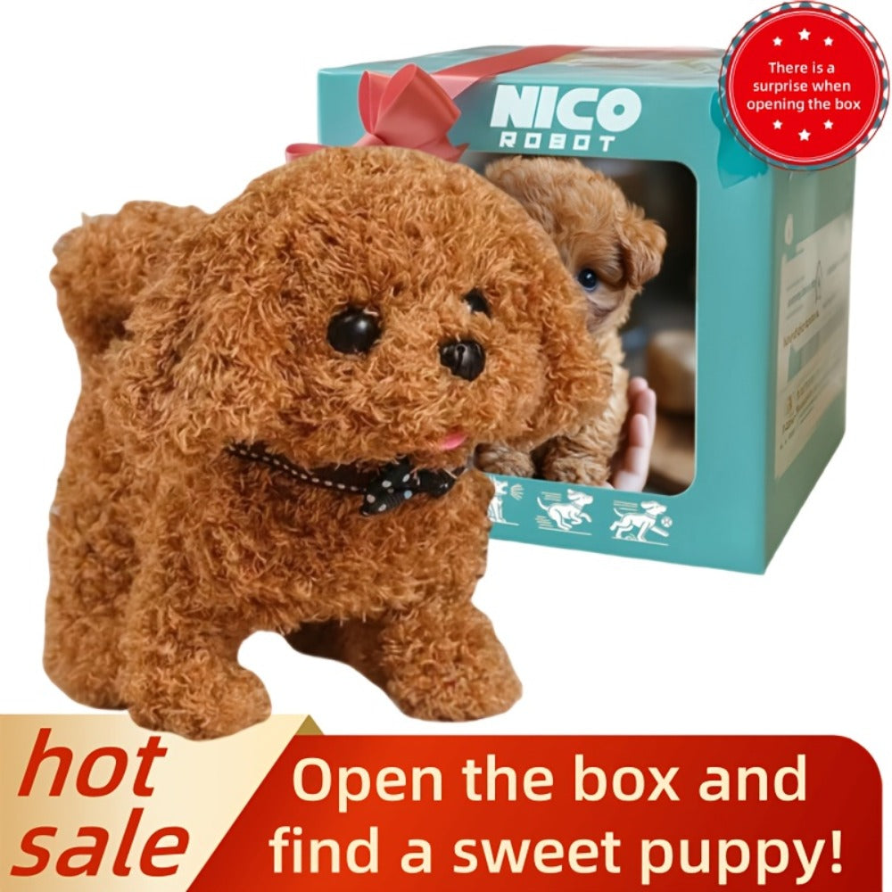 Electronic Plush Puppy Toy Walks Barks Wags Tail, Realistic Robotic Teddy Poodle Dog Stuffed Animal with Gift Box for Kids To