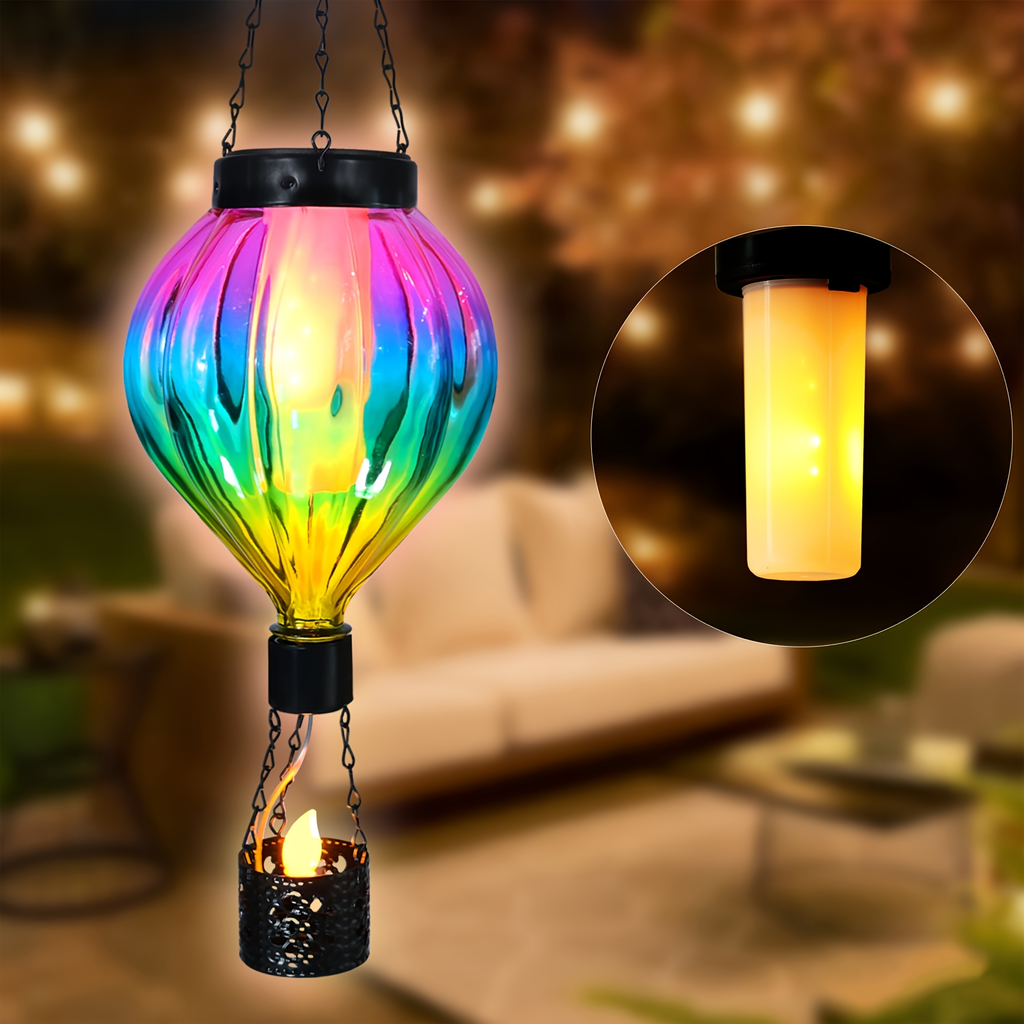 Solar Outdoor Lights Hot Air Balloon Hanging Lantern with Flame-Effect LED and Metal Frame for Garden Decor — image 5