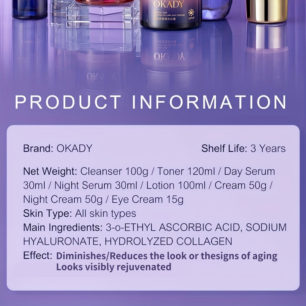 Skincare Set with OKADY Label, 8 Collagen and Hyaluronic Acid Product Items in Blue Gold Gift Box — image 9