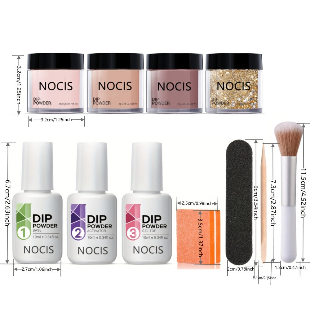 Dip Powder Nail Kit with NOCIS Label, Four Nude and Gold Glitter Powders, Three 10ml Liquids and Four Tools — image 5