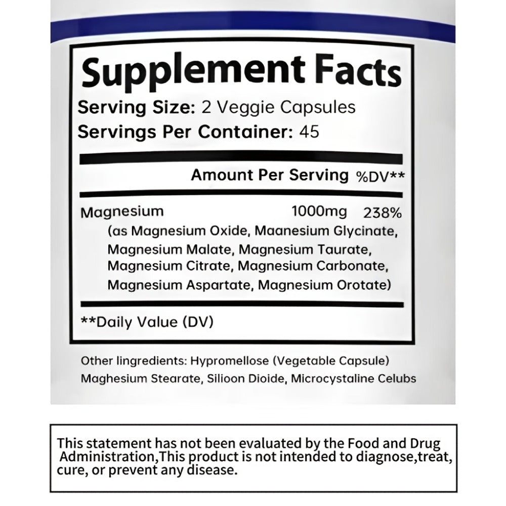 Dietary Supplement Magnesium 8-in-1 Complex with Eight Listed Forms, 1000mg per Capsule, Two Bottles — image 2