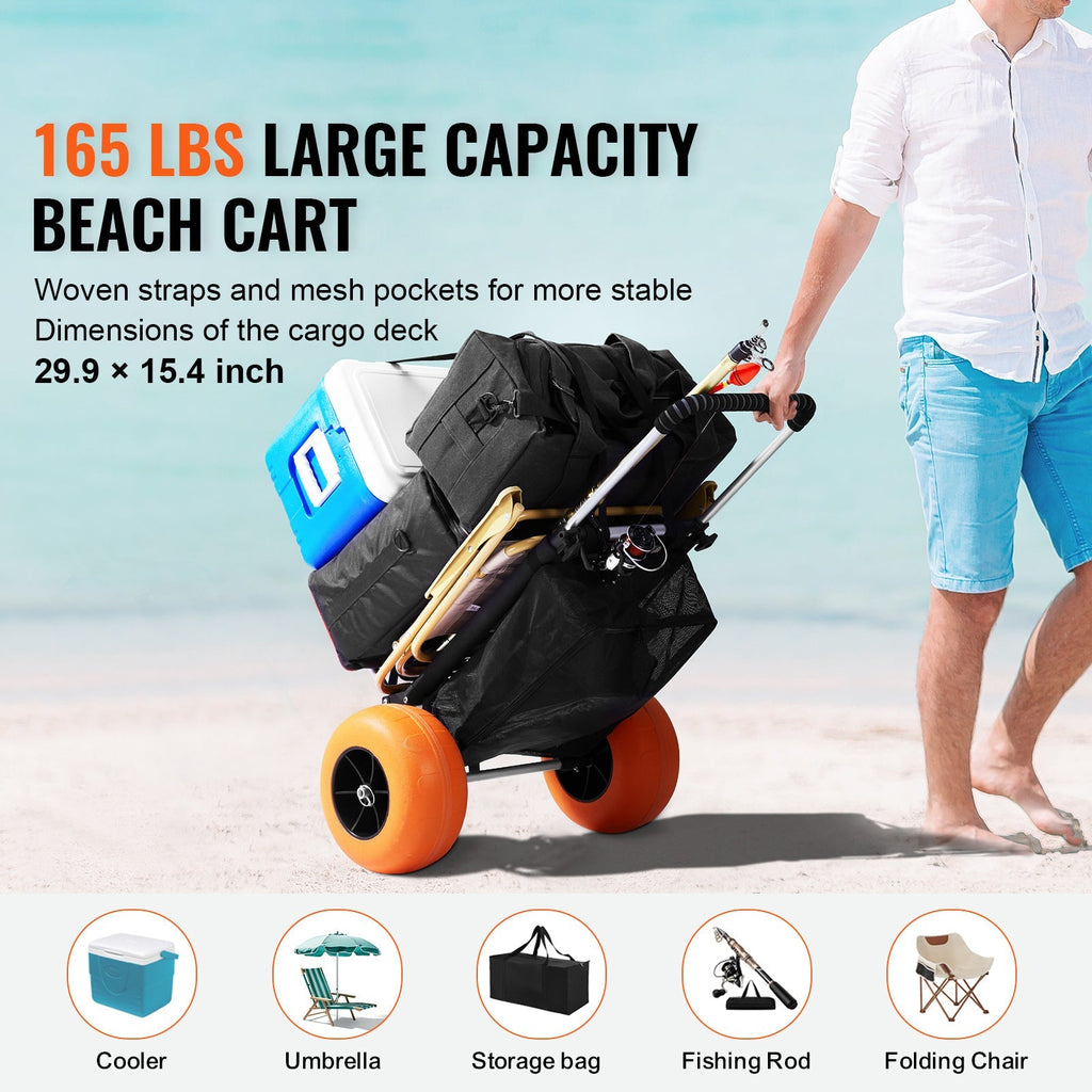 Beach Cart Aluminum Alloy 12-Inch PU Foam Wheels Folding Sand Cart Adjustable Handle for Camping Fishing Gardening Outdoor — 