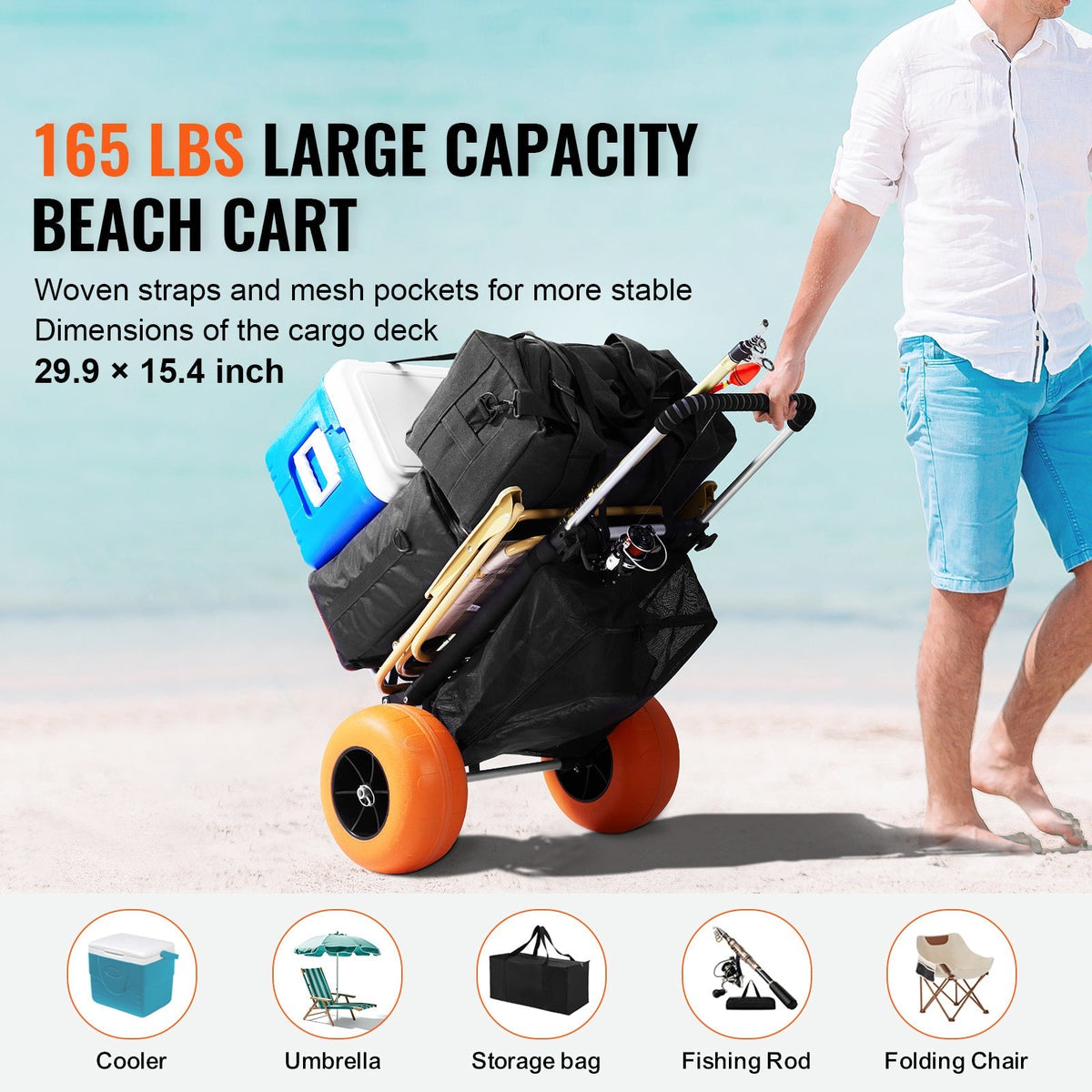 Beach Cart Aluminum Alloy 12-Inch PU Foam Wheels Folding Sand Cart Adjustable Handle for Camping Fishing Gardening Outdoor — 