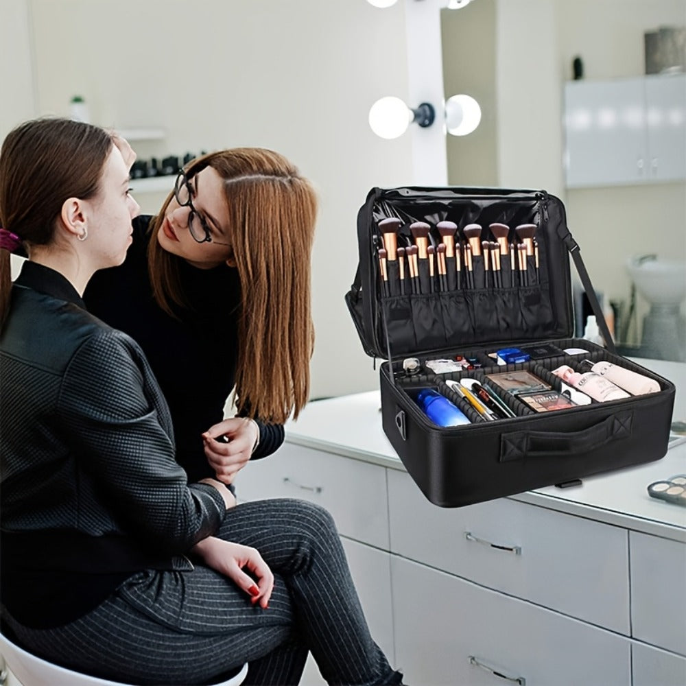 Black 15.8-Inch Soft Makeup Train Case with Three-Layer Interior, Brush Panel and Shoulder Strap — image 7