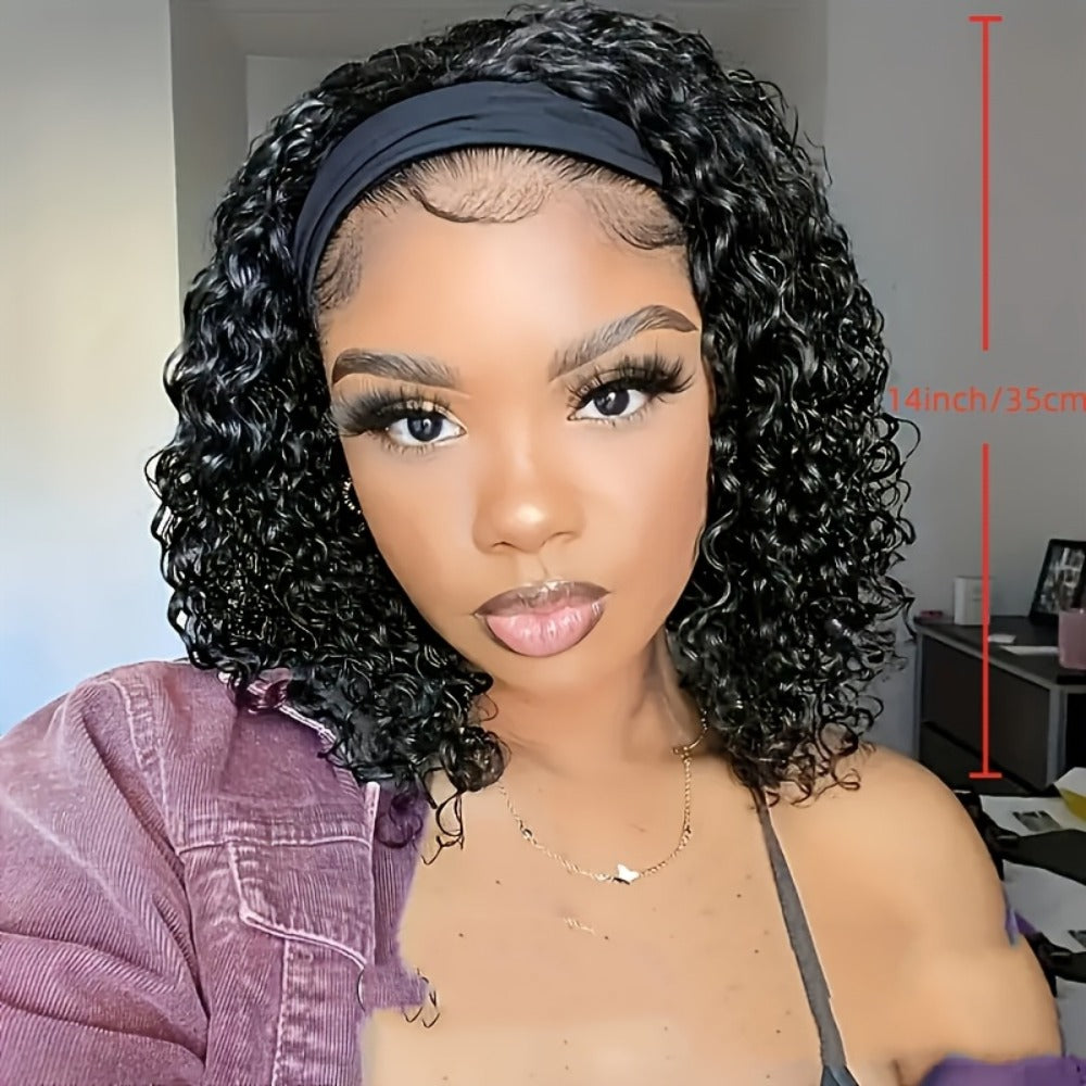 Headband Wig Human Hair Short Curly Pixie 14 Inch No Glue No Lace Glueless Wear and Go Natural, for Home, Travel and Salon Ha