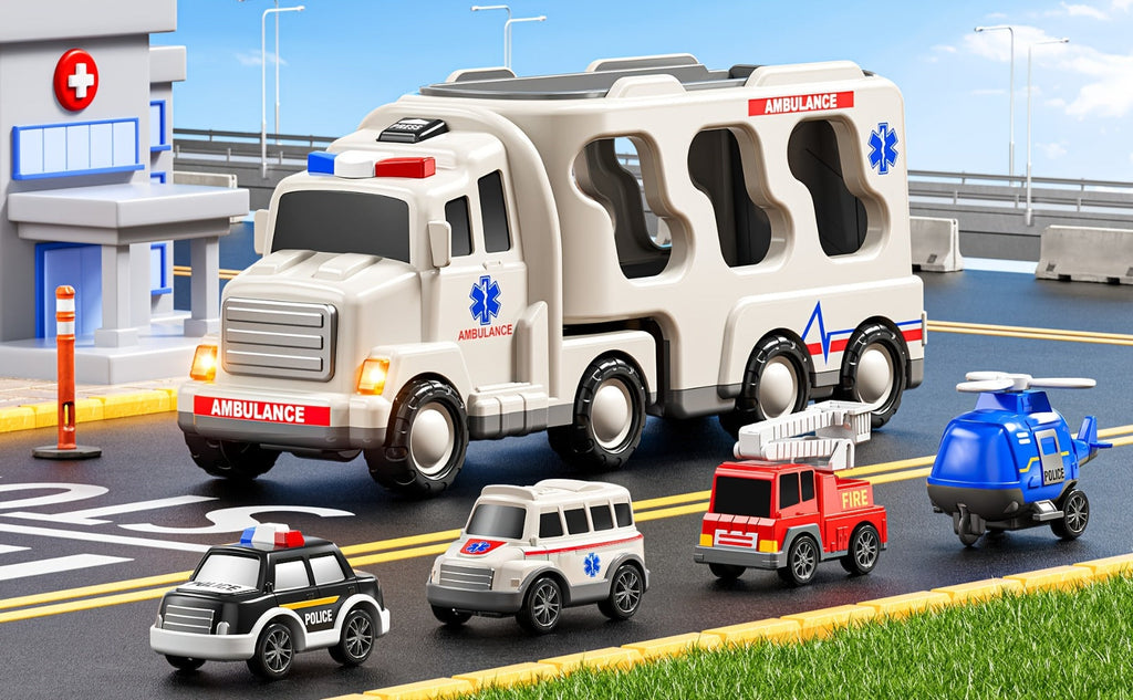 Ambulance Truck Toy Set for Boys, 5-in-1 Friction Power Carrier Truck with Lights & Sounds — image 11