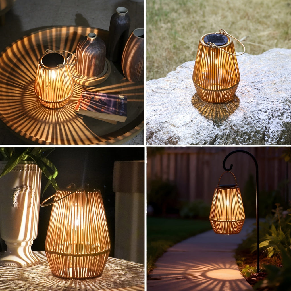 Solar Outdoor Lights Bohemian Bamboo Hanging Lanterns, Warm White, 1/2/4 Piece Sets for Patio Decor — image 5