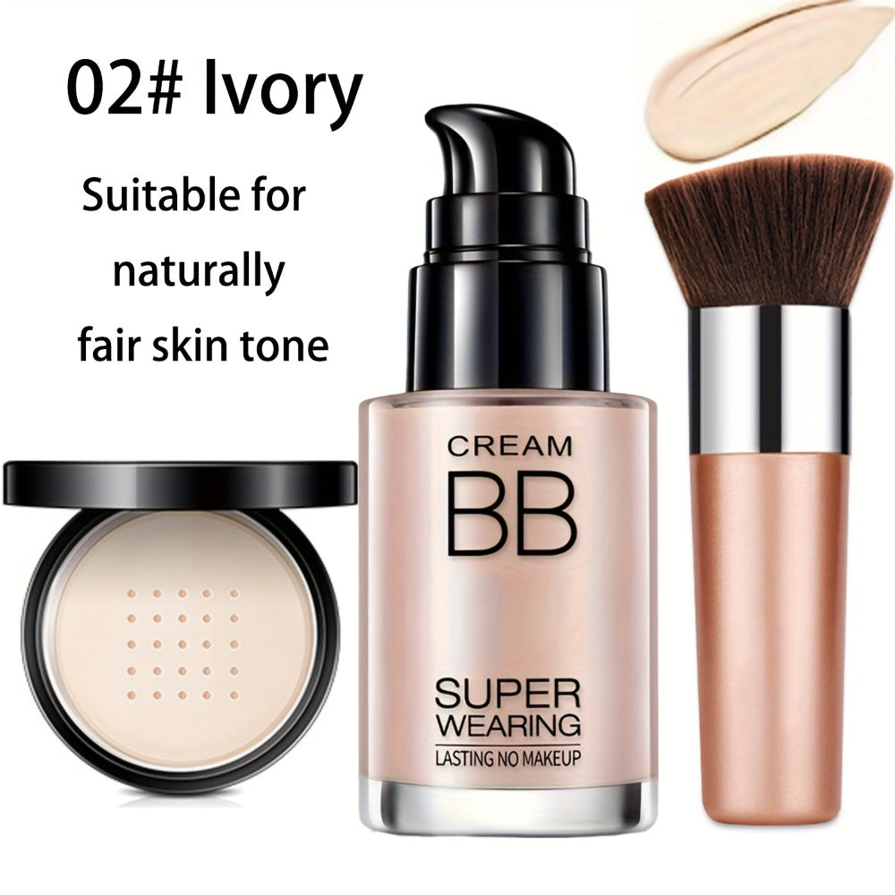 BB Cream Makeup Kit with Loose Setting Powder Brush & Sponge – Full Coverage Waterproof Long-Lasting Hydrating Foundation Set