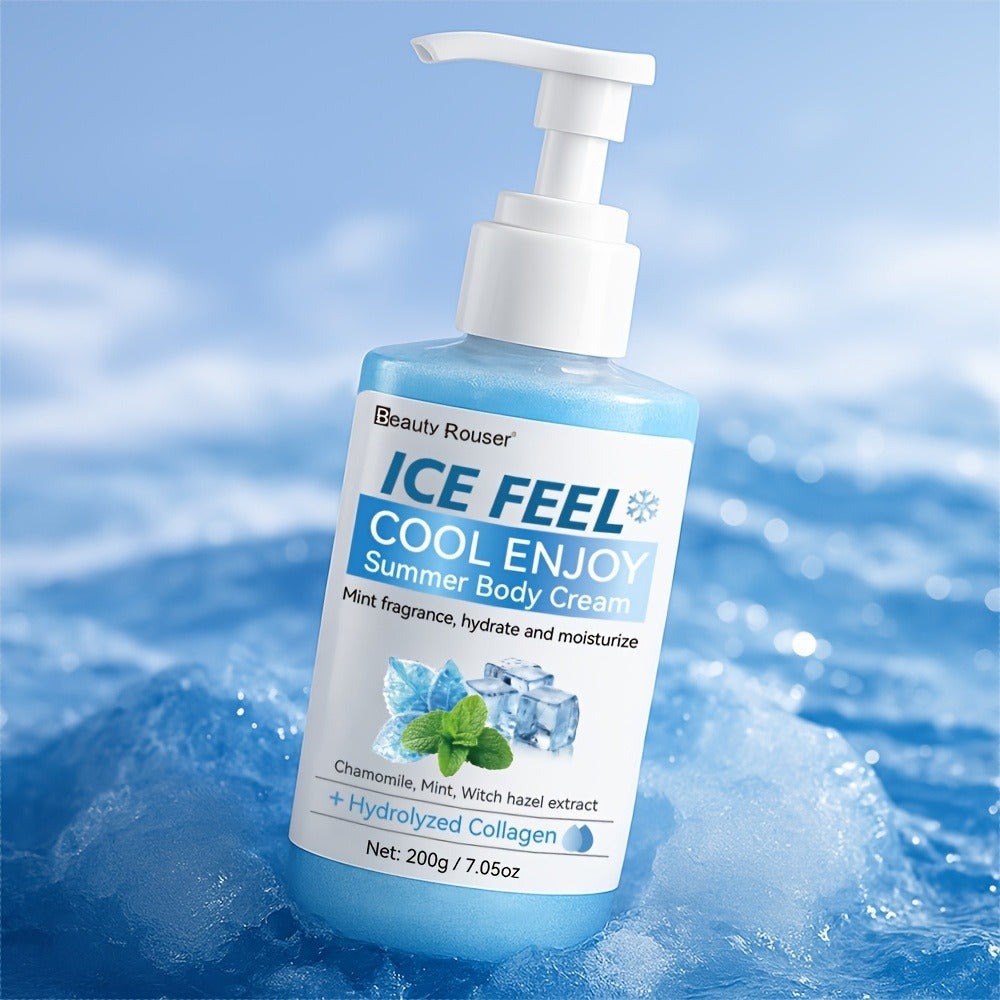 Body Cream Beauty Rouser ICE FEEL 200g Pump with Mint Chamomile Witch Hazel and Collagen Package Callouts — image 2