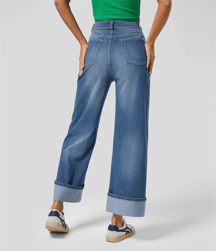 High-waisted Trousers-foot Curling Straight Jeans