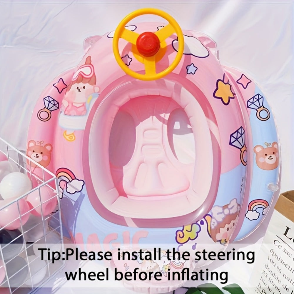 Pool Float Animal-Themed Seat Ring with Steering-Wheel Detail, Inflatable Backrest and Three Colors — image 1