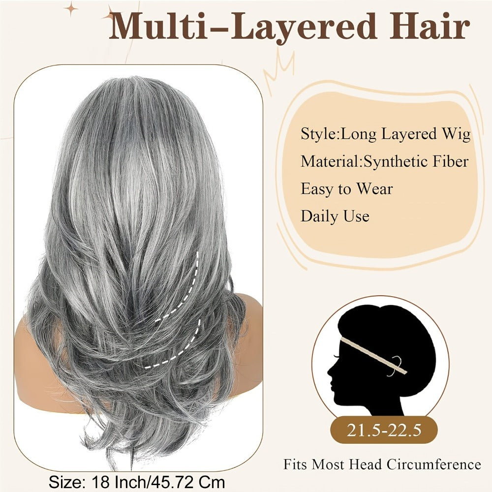 Synthetic Wig 18-Inch Layered Silvery Waves with Highlights in Two Colors and Rose Net Cap — image 7