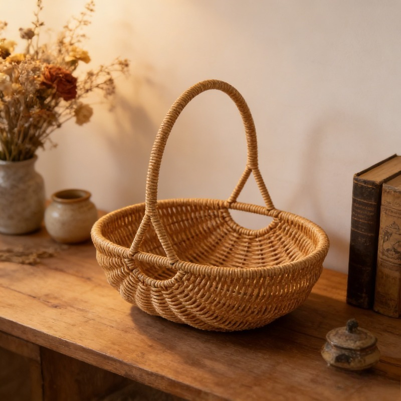 Handwoven Rattan Storage Basket with Carry Handle in Light Brown Medium Drain-Basket Format — image 7