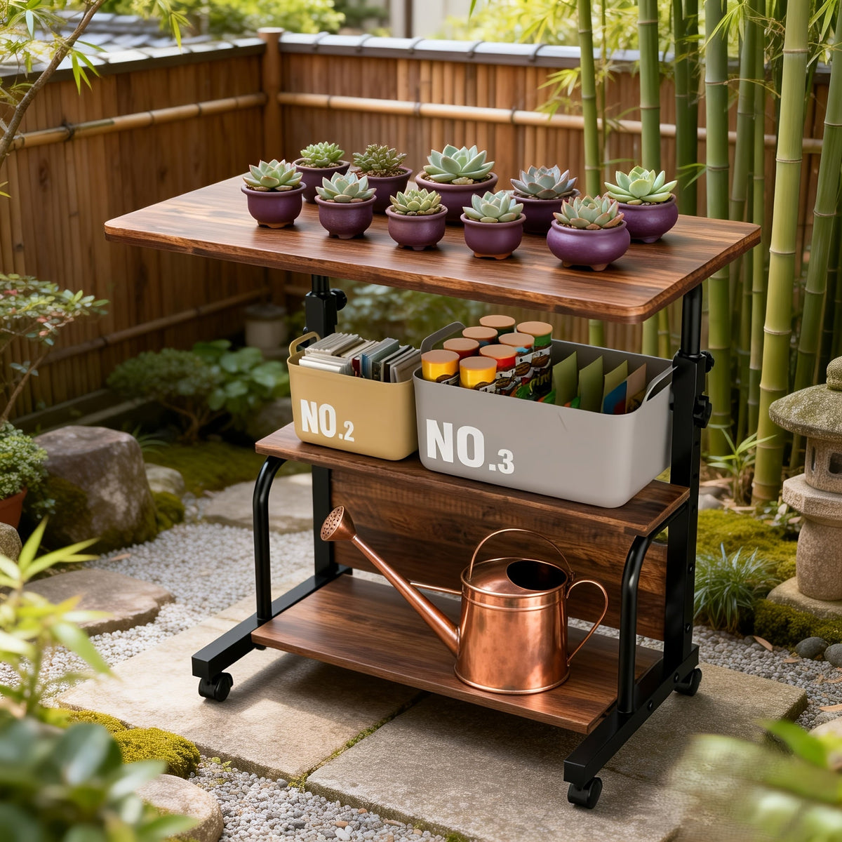Garden Work Table 31.5" Adjustable Height Mobile Desk with Storage Shelves, Metal Frame, for Patio Outdoor Bedroom Office Pot