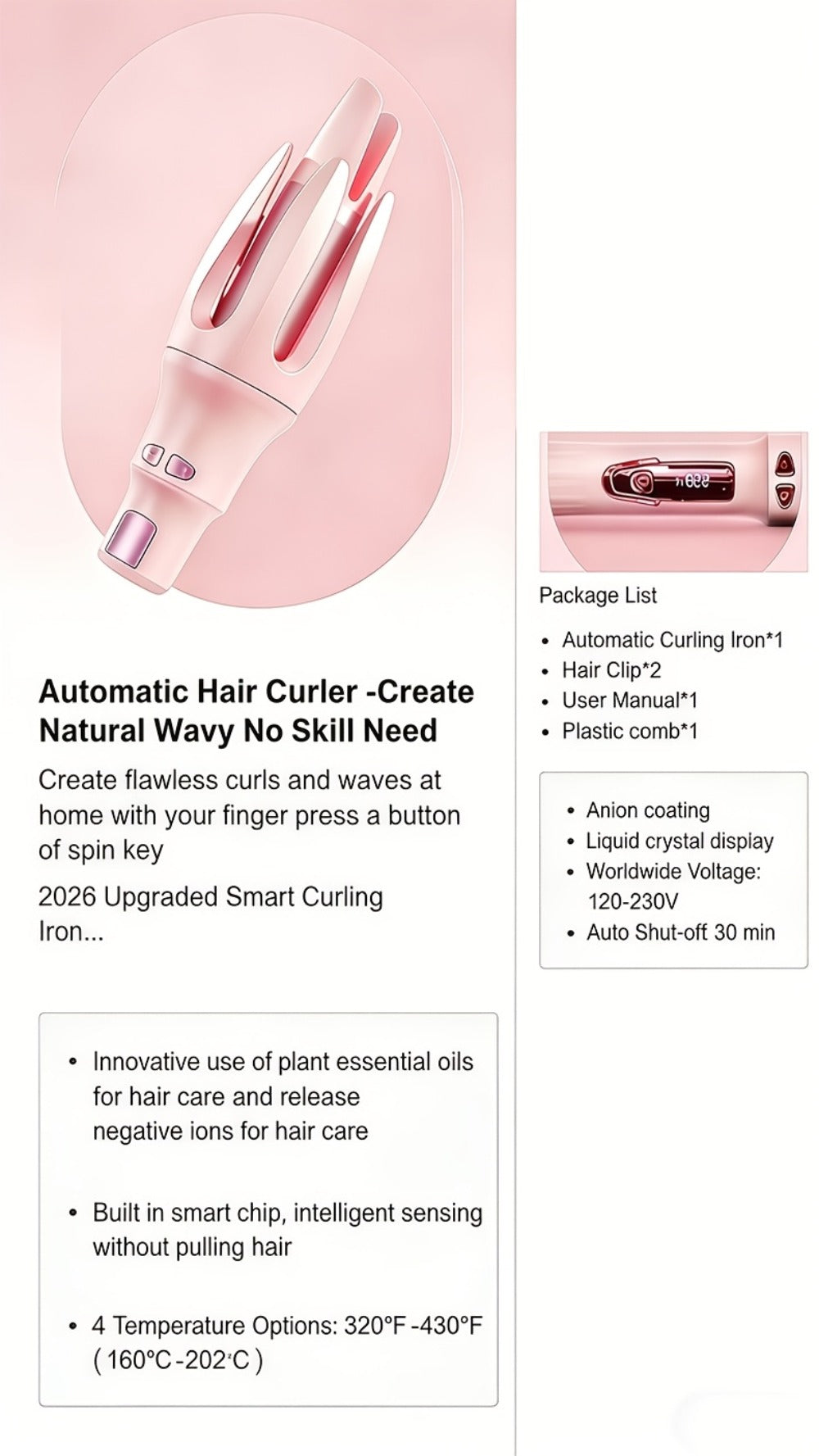 Automatic Rotating Curling Iron 4 Temperature Settings 40M Negative Ion Ceramic Barrel, for Home, Travel and Salon Hair Styli